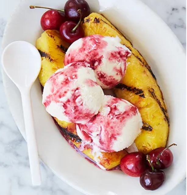 Grilled Pineapple Split Sundae with Cherry Sauce